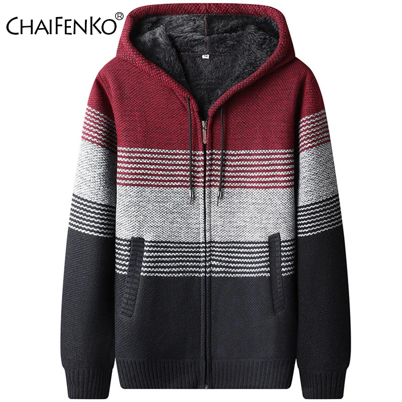 

New Men Color Block Casual Hooded Knitted Coats Autumn Winter Keep Warm Fleece Jackets Outdoors Thickening Cardigan Sweater Men