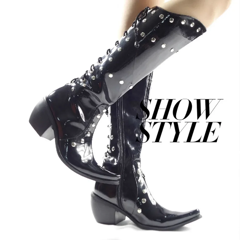 

Men's Fashion Motorcycle Boots Pointed Toe Stage perform Knee-high Boots Platform Thick Heel Long Rivet Riding Boots Lace up