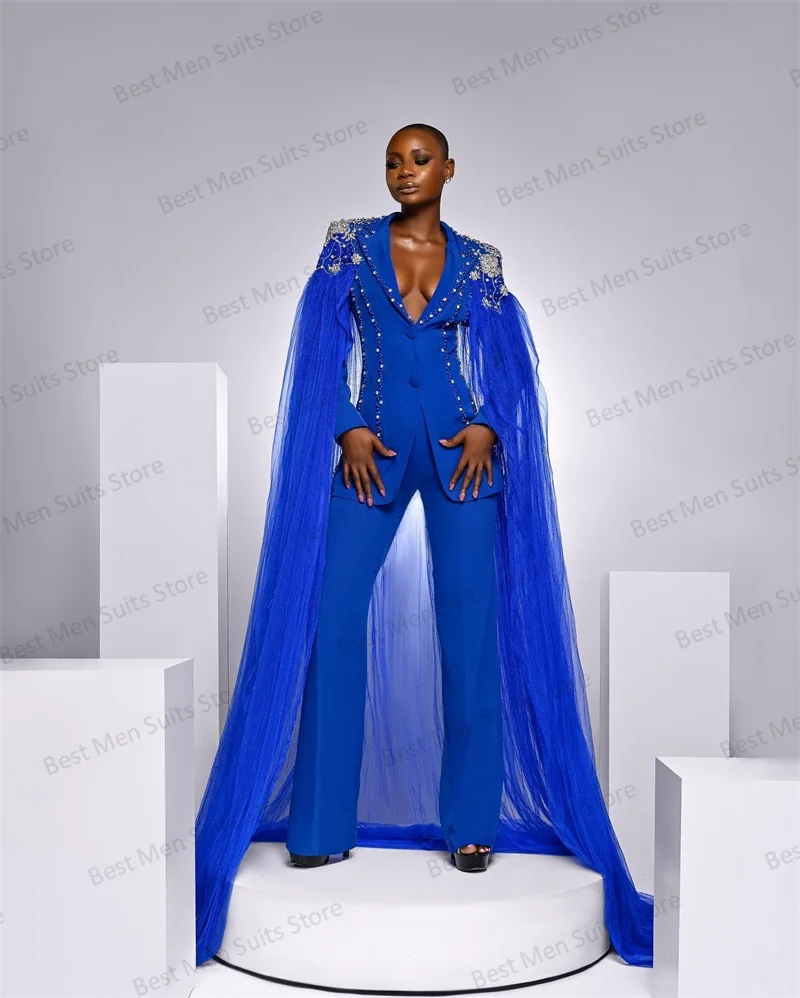 Crystals Blue Cape Women Suits Pants Set 2 Piece Office Lady Wrap Jacket Prom Dress Wedding Tuxedo Custom Made Jacket Outfit