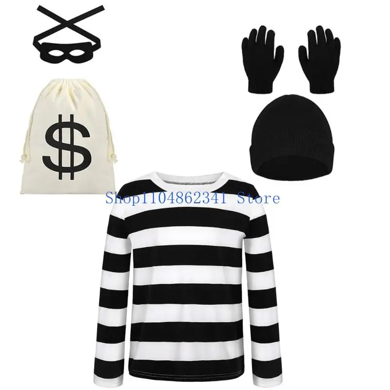 5asd – ensemble costumes voleur, accessoires voleur, t-shirt, bonnets, gants, masques pour les yeux, sacs d'argent pour