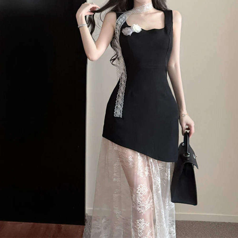 

French flower square neck vest splicing lace dress summer new temperament age-reducing versatile dress