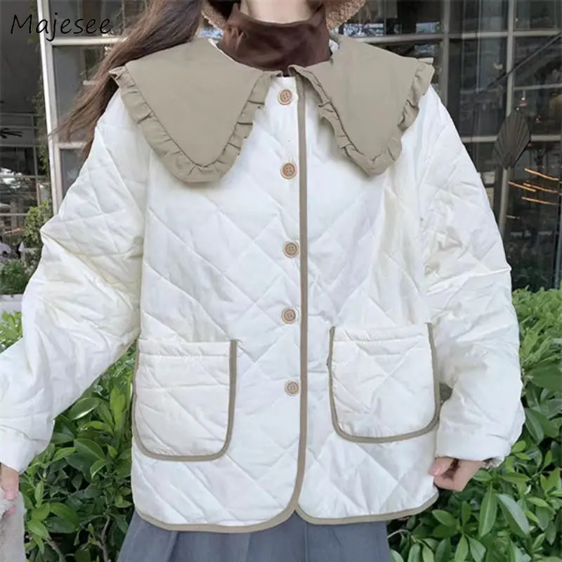 Parkas Women Peter Pan Collar Sweet Simple Ins Winter Warmer Loose Coats Fashion Korean Style Students Thick Casual All-match