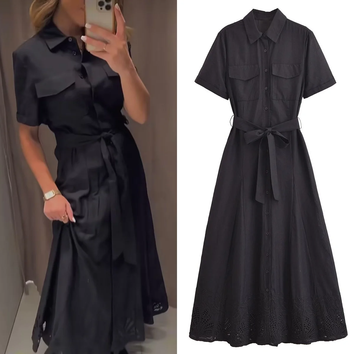 PB&ZA 2024 Women\'s New Polo Neck Short sleeved Long Dress with Belt Shirt Style Hollow out Embroidered Midi Dress