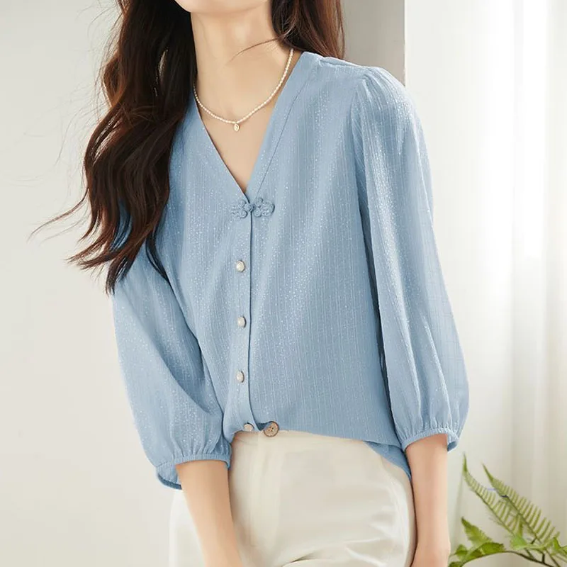 Women\'s Shirt Fashion Elegant Solid Color V-Neck Blouse 2024 Summer Female Clothing Sweet Loose 3/4 Sleeve Chiffon Button Tops