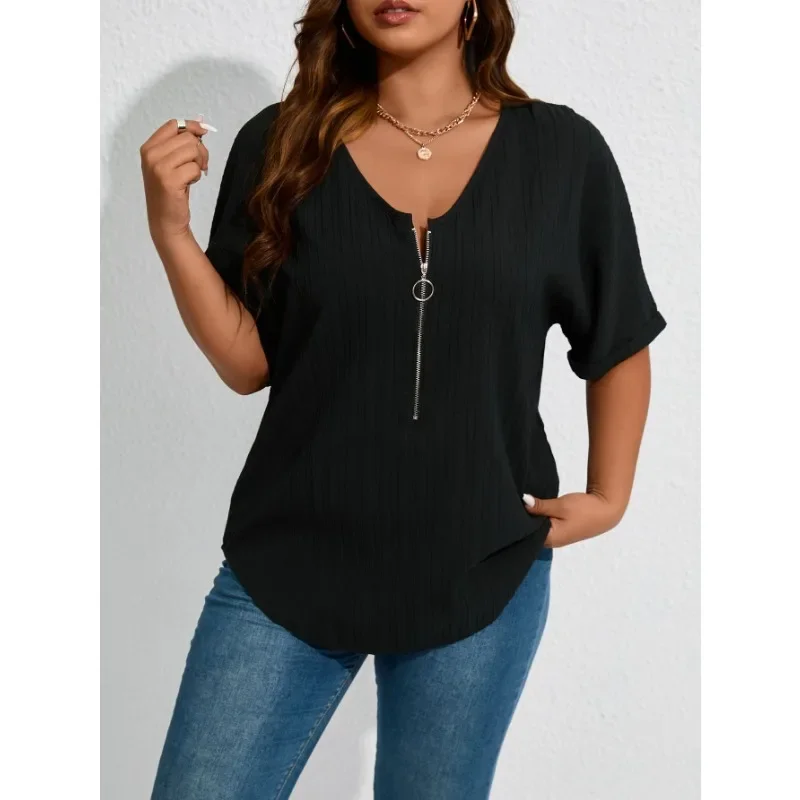 Plus Size 1XL-8XL Summer Women\'s Simple Solid Color T-shirt Tops Ladies Fashionable V-neck Short Sleeved Zippered T-shirt