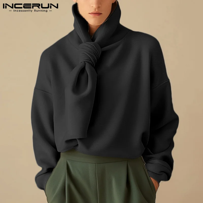 INCERUN 2024 New Mens Autumn Sweatshirts Cape Neck Tie Up Solid Color Long Sleeve Warm Pullovers Casual Streetwear Hoodies S-5XL