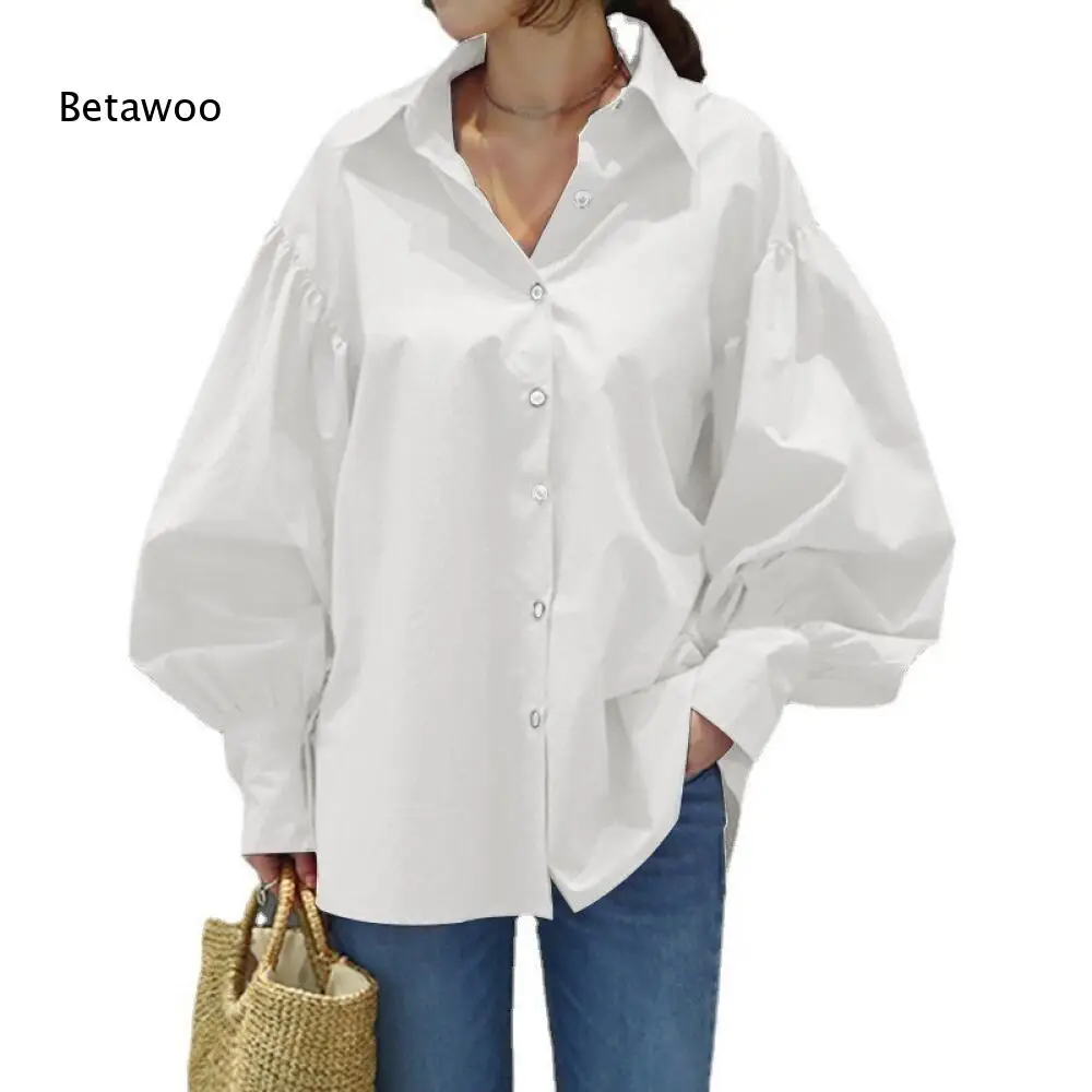 Soft Light Solid White Shirt Women Voluminous Gathered Puff Sleeve Point Collar Loose Casual Basic Top