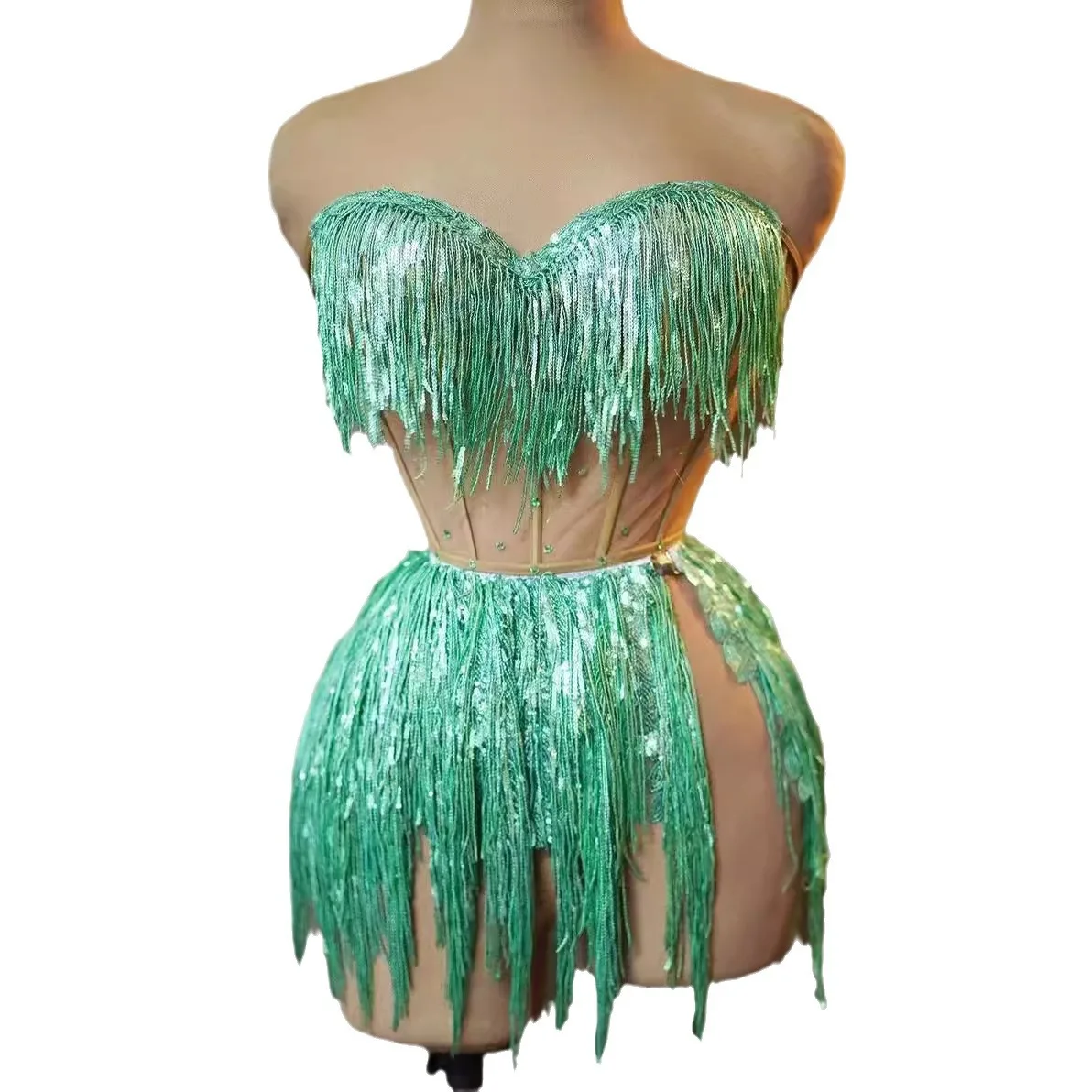 Combinaison sans bretelles à franges vertes, coupe cintrée, pour Bar, discothèque, fête de vacances, chanteuse leader, Costume de spectacle sur scène de danse