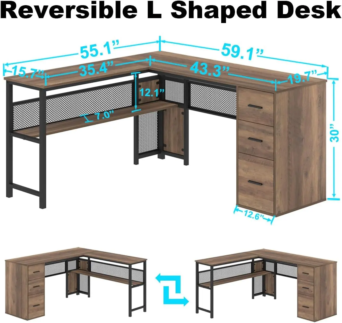 مكتب على شكل حرف L، مكتب كمبيوتر كبير، مكتب ألعاب تنفيذي قابل للعكس، طاولة خشبية معدنية، بلوط ريفي 59 بوصة #2