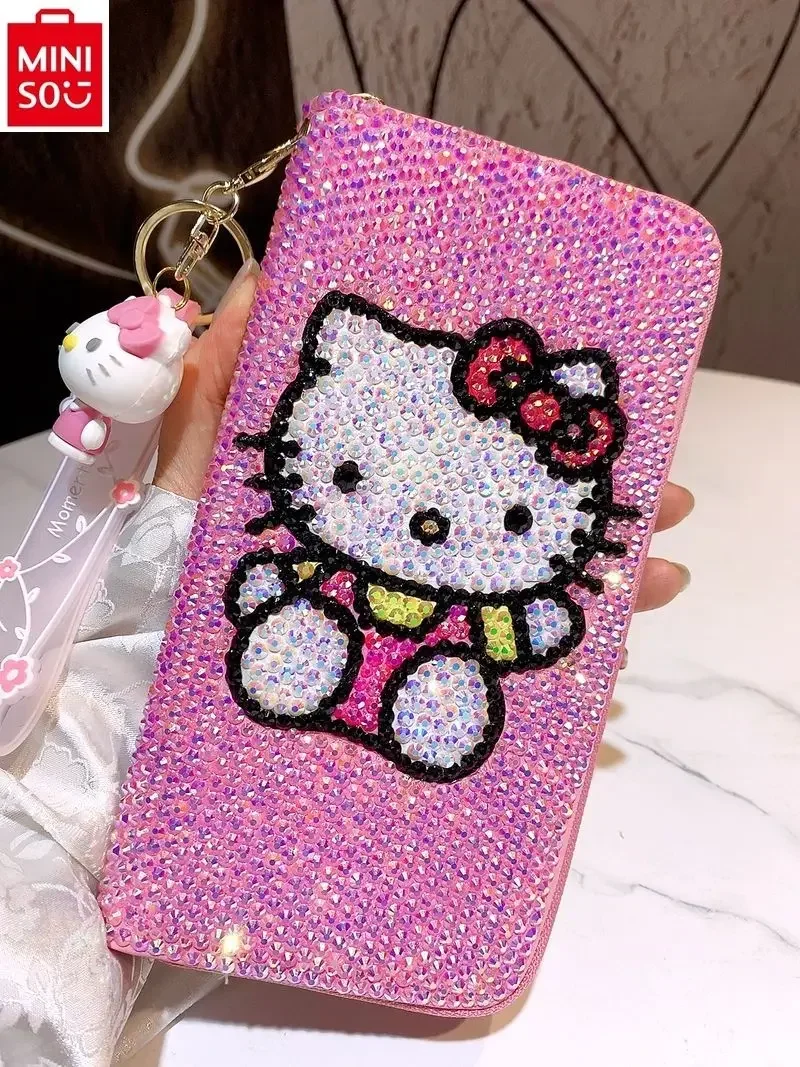 MINISO-cartera de Hello Kitty con diamantes a la moda, conjunto de pegatinas de diamantes con lentejuelas para mujer, cartera dulce y bonita, bolso personalizado para tarjetas