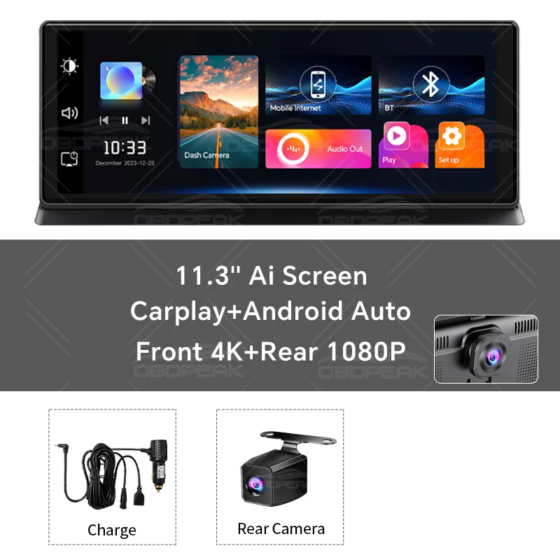 K2 Pro 11.3 "Auto DVR 4K Camera Draadloze Carplay Android auto Ai Scherm Dash Cam Dual Len Video recorder GPS Navigatie Dashboard