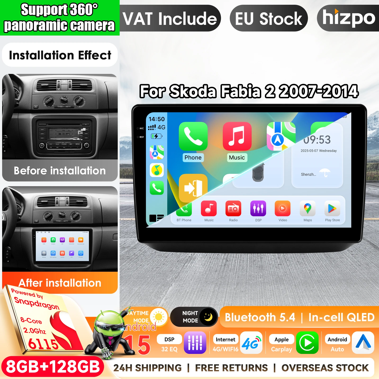 Hizpo Autoradio Android da 10,1 pollici per Skoda Fabia 2 542 2007 - 2014 Carplay Stereo Auto Lettore Multimediale GPS Som Automotivo Schermo QLED WIFI DSP 2Din Stereo Autoradio Navigazione GPS