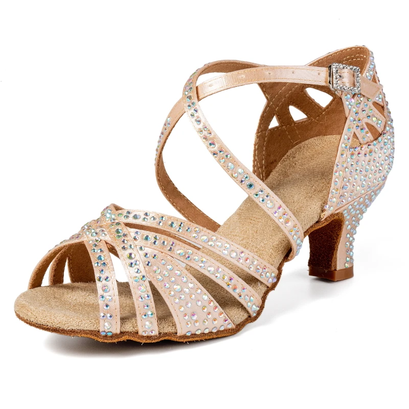 

Новинка 2025 года, обувь для латинских танцев, женская и взрослая обувь для танцев на каблуке 5,5 см, абрикосовая водная бриллиантовая танцевальная обувь с мягкой подошвой, национальный стандарт, двойная социальная обувь