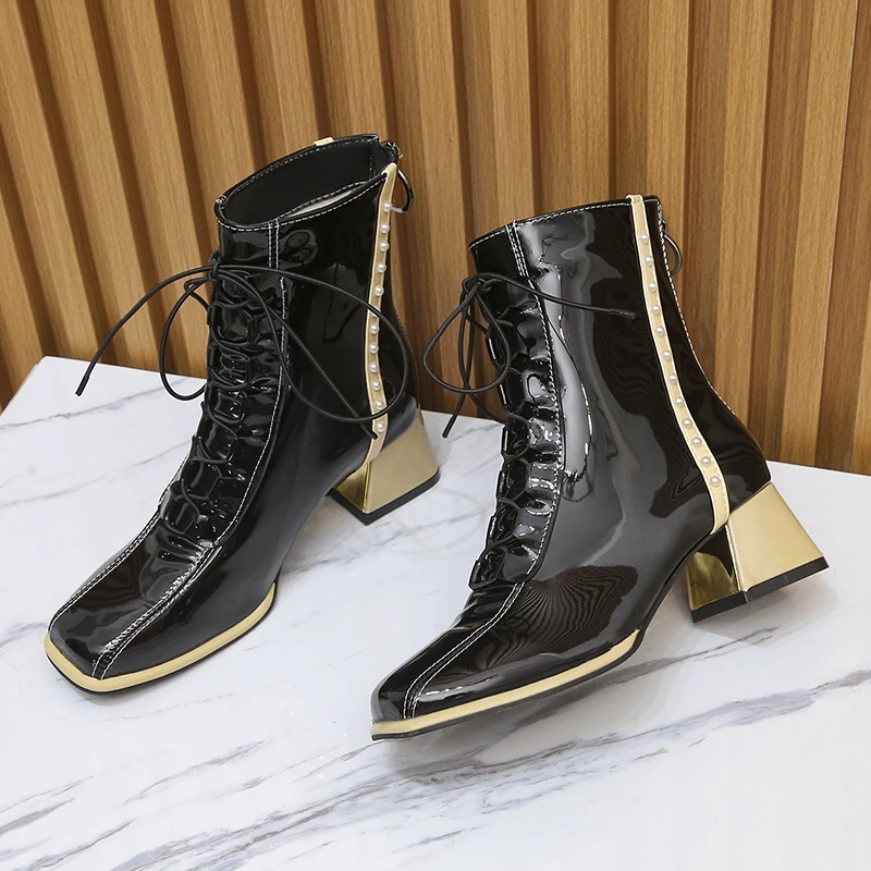 

Combat Boots Women White PU Leather Motorcycle Boots Punk Gothic Shoes Fashion Lace Up Black Ankle Boots Women High Heel Boot