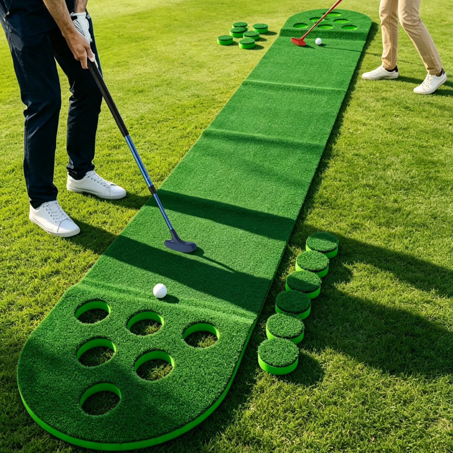 Floor‑Mount Golf Swing Trainer Green Golf Course Game Mat No Assembly Complete Golf Practice Set for 2 Players