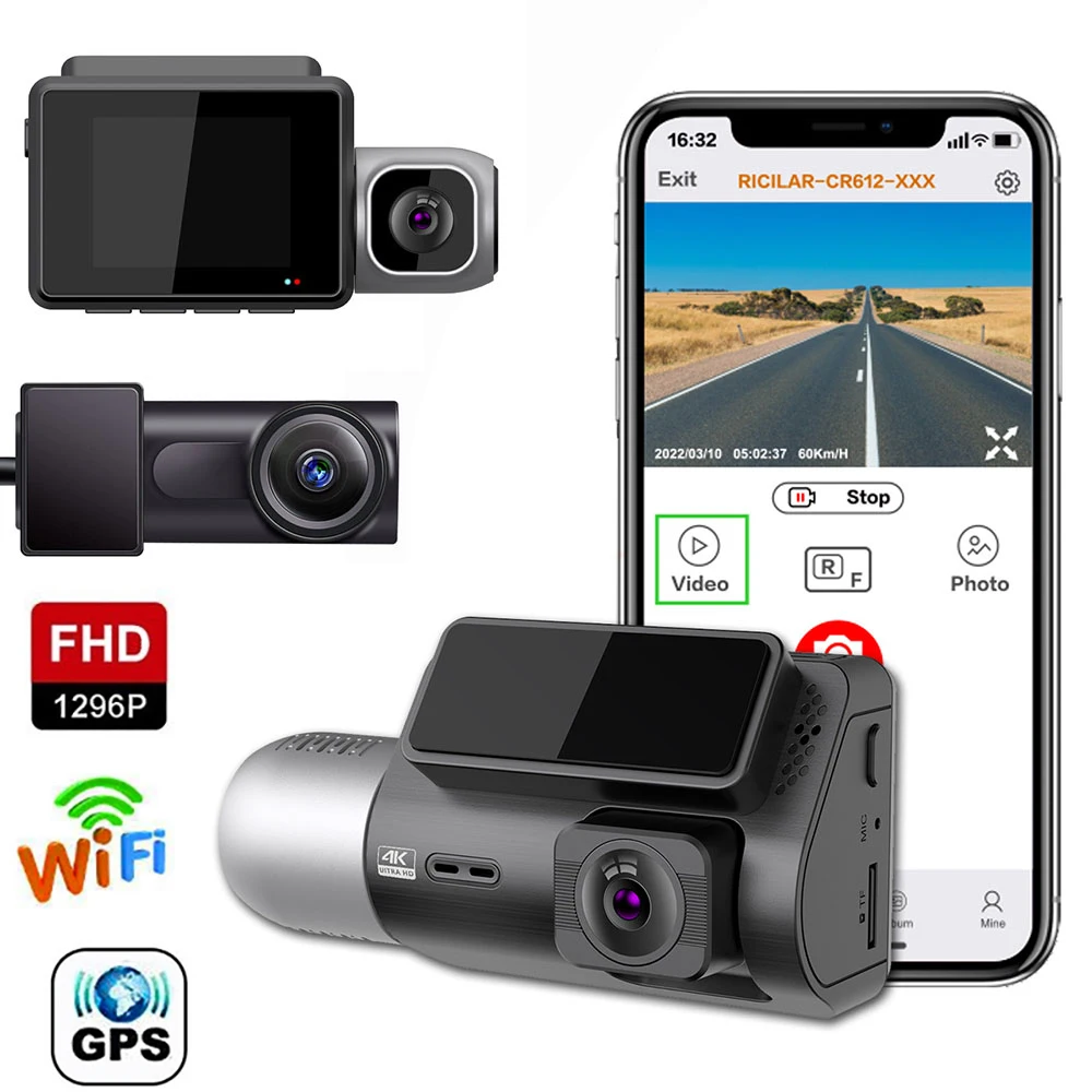 Car DVR 1296P HD WiFi Dash Cam Front Inside Rear Cameras Rear View Video Recorder Parking Monitor Black Box GPS Logger Auto DVRs