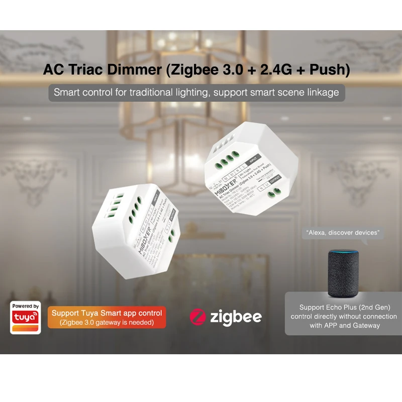ZigBee 3.0 + 2.4G AC Triac Dimmer Push Switch RF Push Dimmer TRI-C1ZR 110-240V App/voce/telecomando