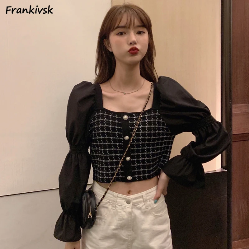 Square Collar Shirts Women Patchwork Elegant Sweet S-5XL Korean Style Tops Daily Fashion Temperament Cropped Advanced Slim Chic