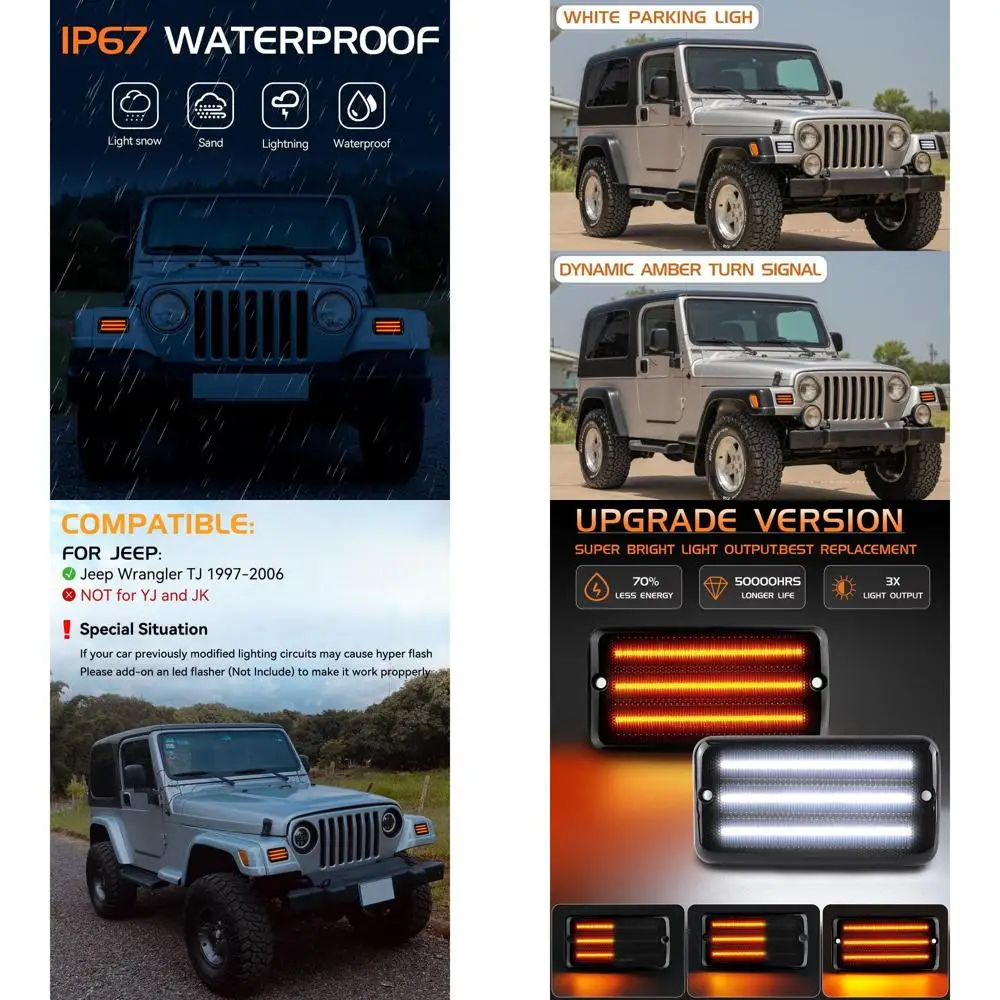 

1997-2006 Jeep Wrangler TJ LED Sequential Front Turn Signals with White DRL and Smoked Lens Dynamic Amber Blinkers