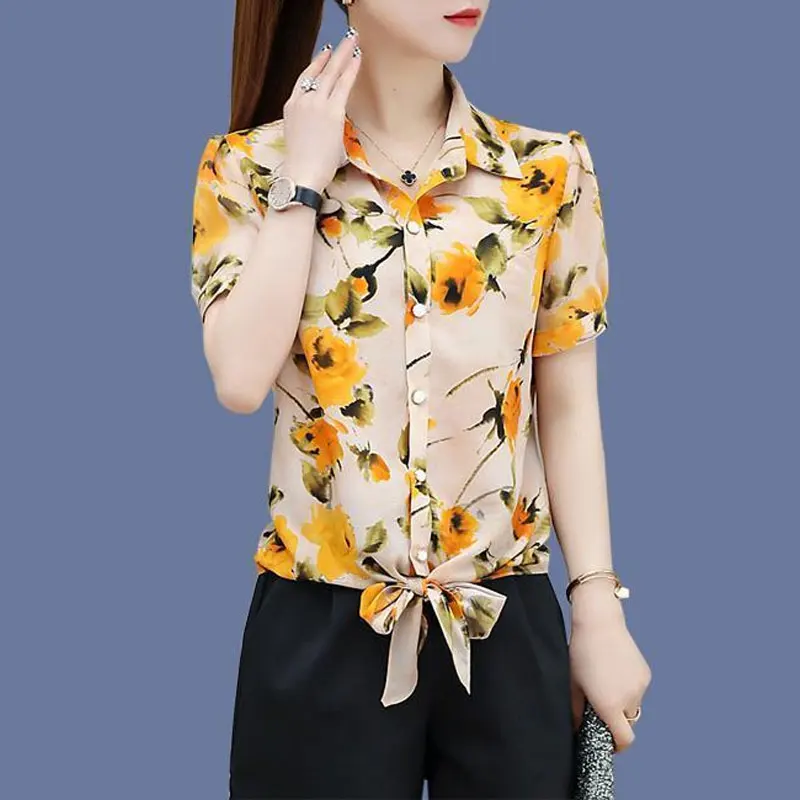 Stylish Bandage Bow Shirt Vintage Broken Flowers Printed Summer Turn-down Collar Female Clothing Single-breasted Straight Blouse