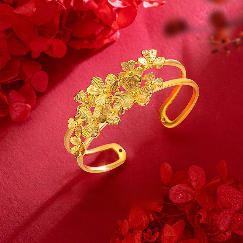 24K Pure Yellow Gold Color Bracelet Bangle Open Apricot Leaf