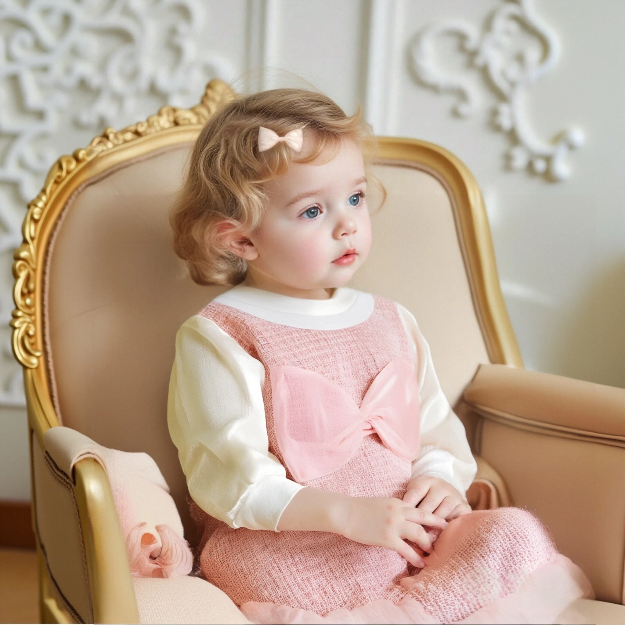 

Baby Girls Dress Summer Fall New Birthday Party Team Dress Long Sleeve Fake Two Bows Decorated Sweet Princess Dress