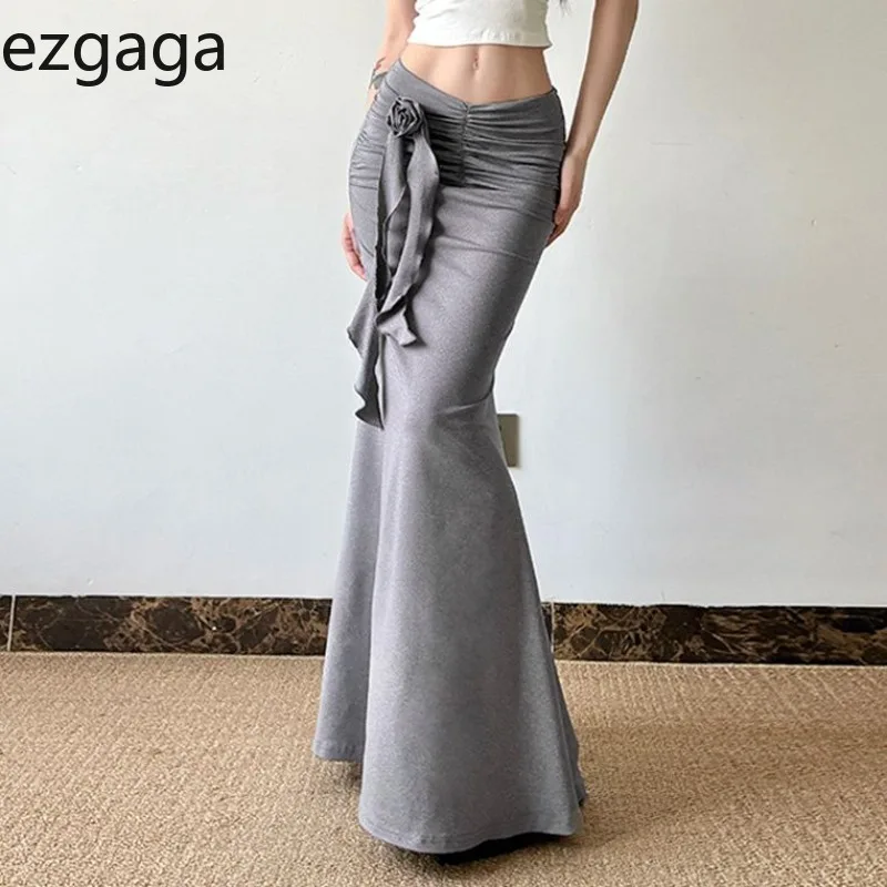 

Ezgaga Long Skirts Women Elegant French Style Flowers Ruched Slim Wrap Hip Sexy Mermaid Skirt Elegant Party Ladies Casual