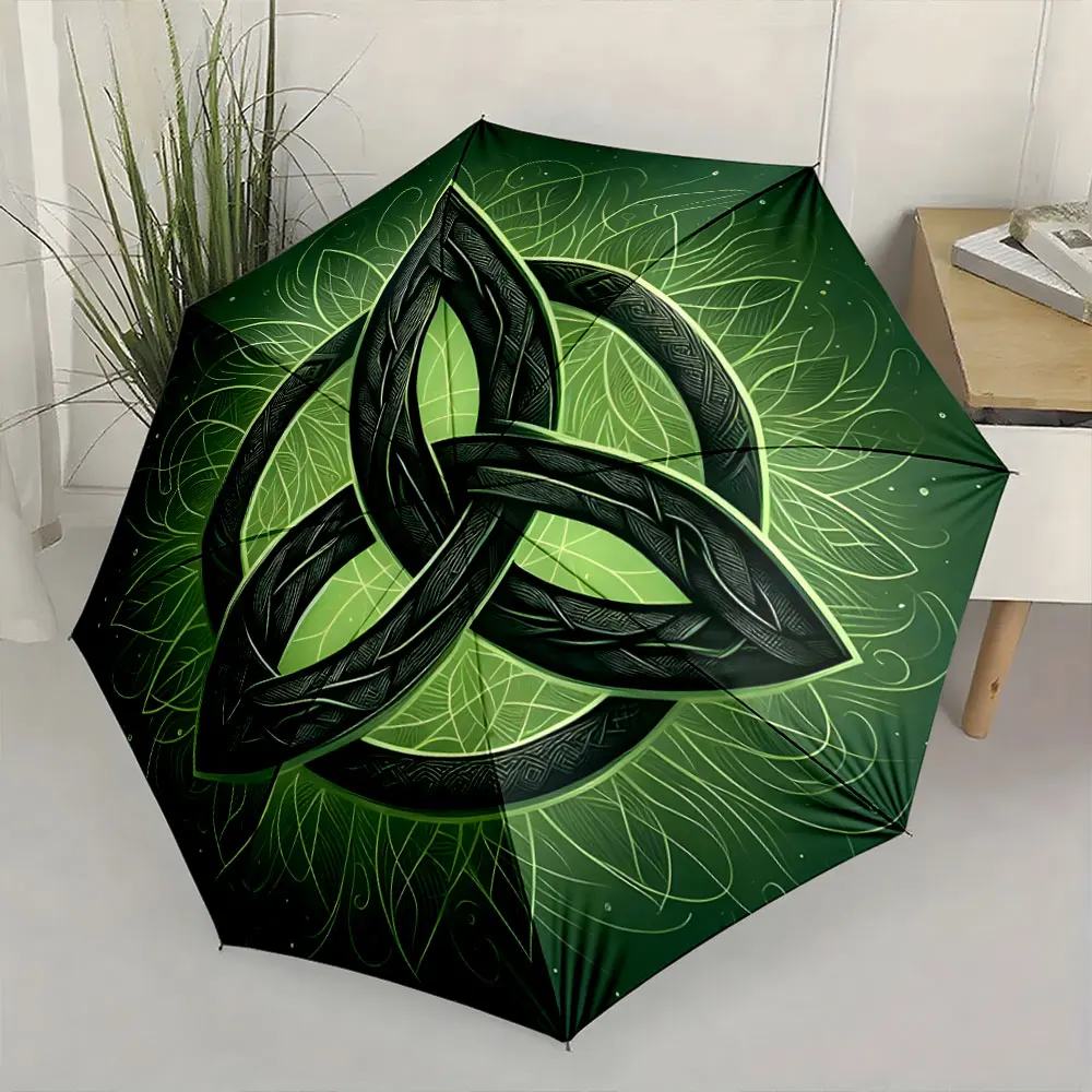 1PC Celtic Knot Umbrella Design: Enchanting Green Aesthetic Print 8 Iron Ribs Folding Umbrella Auto-Open Fashion Sunshade