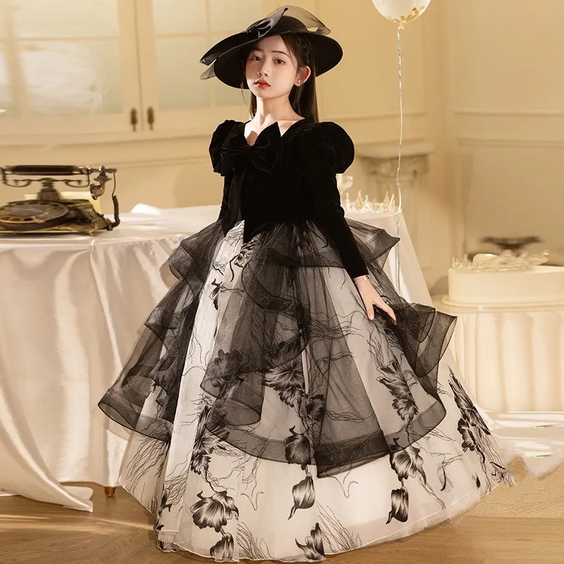 

2024 New High End Children's Birthday Dress, Girl Hepburn Style Fashion Show Performance, Princess Long Dress