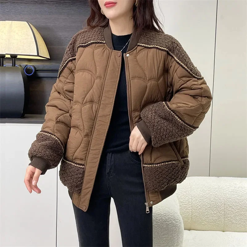 

Autumn Winter New Parkas Fashion Cotton-Padded Jacket Stand Collar Stitching Warm Down Cotton Jacket Loose Fashion Cotton Coat