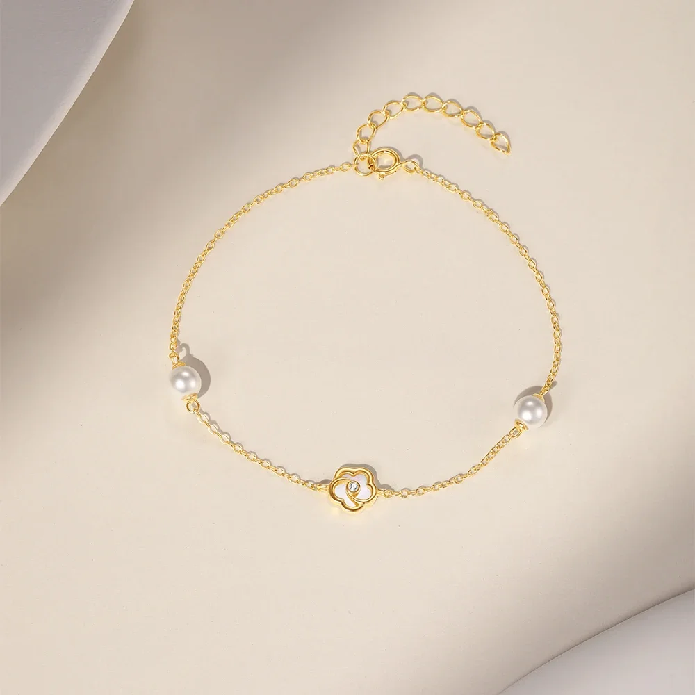 KO 925 Silver Golden Ins style simple outfit with five petal flower white shell element pearl bracelet Women jewelry party