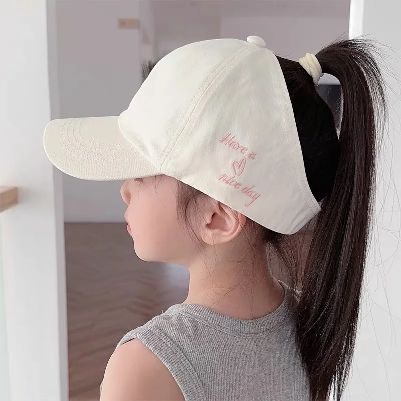 Love Heart Girls High Ponytail Baseball Caps Children Summer Empty Tail Cap Sunscreen Beach Sun Visor Hats Sweet Sun Hats Gorras