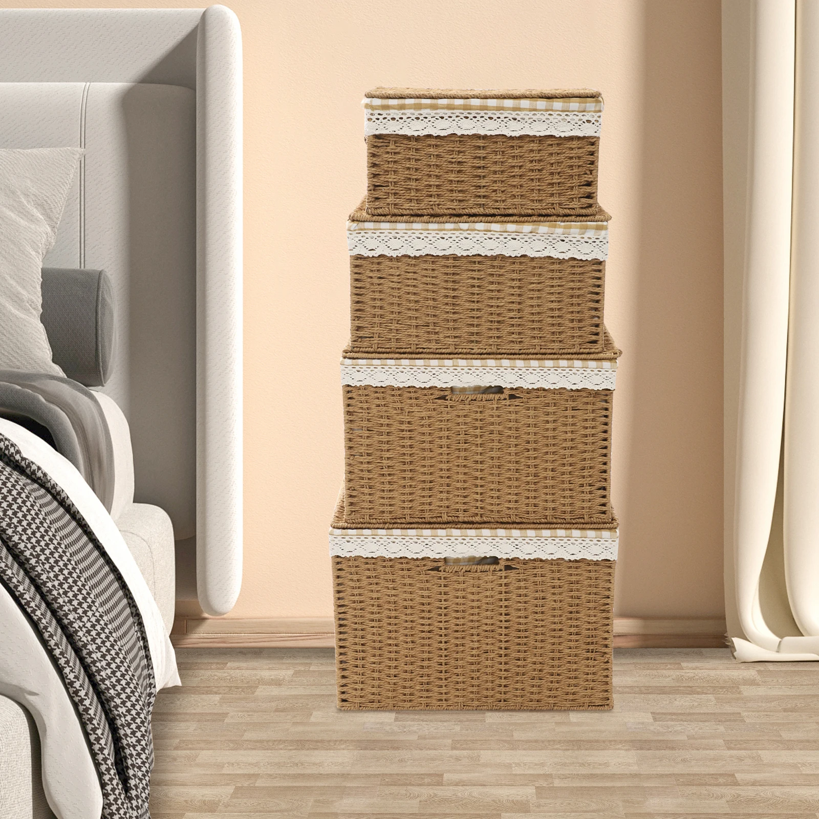 

4 шт. тканые корзины для хранения в стиле ретро в стиле кантри с крышкой, органайзер для мелочей с ручкой и вкладышем, настольный декор, корзина для пикника