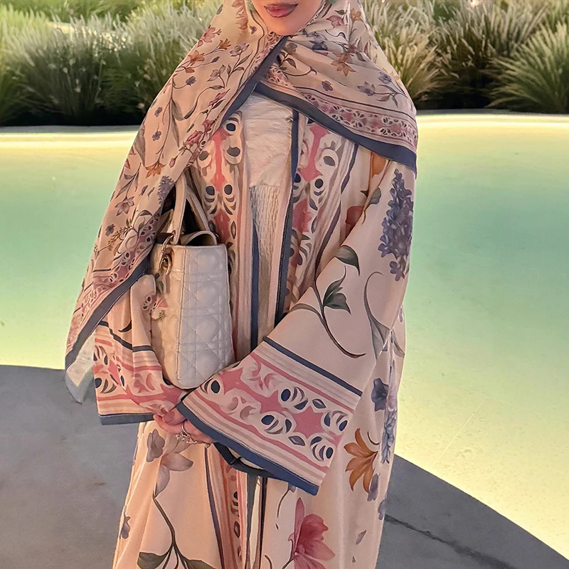 

Temperament High Waist Lady Party Colothing Autumn New Muslim Floral Print Maxi Cardigans Casual Long Sleeve V-neck Commute Coat