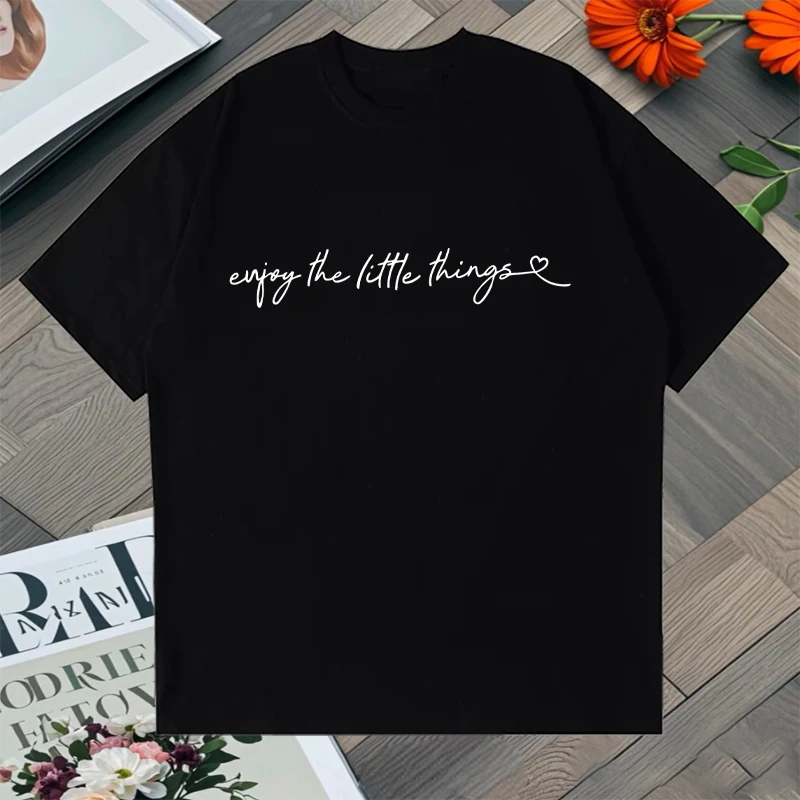 

Summer Casual Short Sleeve T-Shirt with "Enjoy the Little Things" Print Graphic Loose Men Women Tee shirt Unisex Cotton Tops