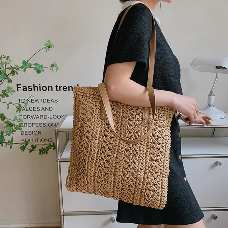 Square Hollow Straw Beach Bag Handmade Woven Shoulder Bag Raffia Rattan Shopping Travel Bag Bohemian Summer Vacation Casual Tote