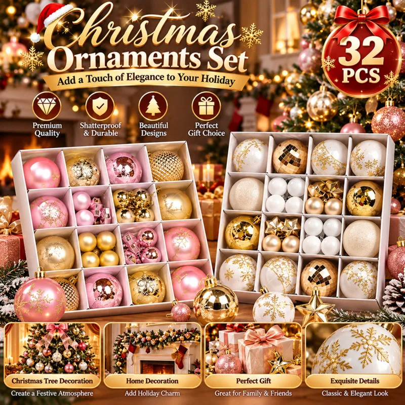 44Pcs Christmas Ball Ornaments Set, Glitter Xmas Tree Hanging Decorations, Electroplated Baubles For Home Party, Wedding Gift
