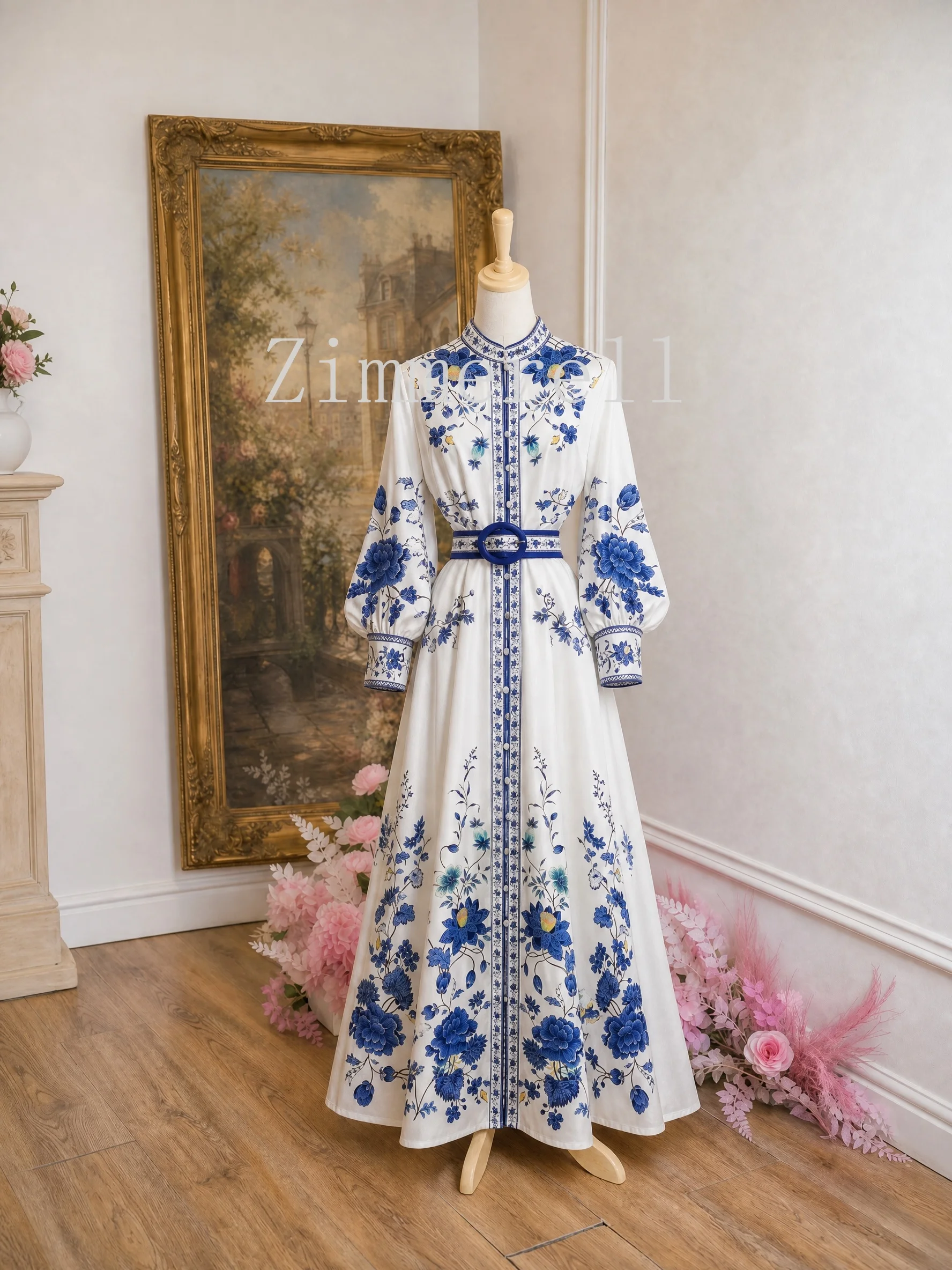 Spring Autumn French Palace Style Evening Dress Women Stand Collar Single Breasted Belted Gown Elegant Vintage Printed Dress