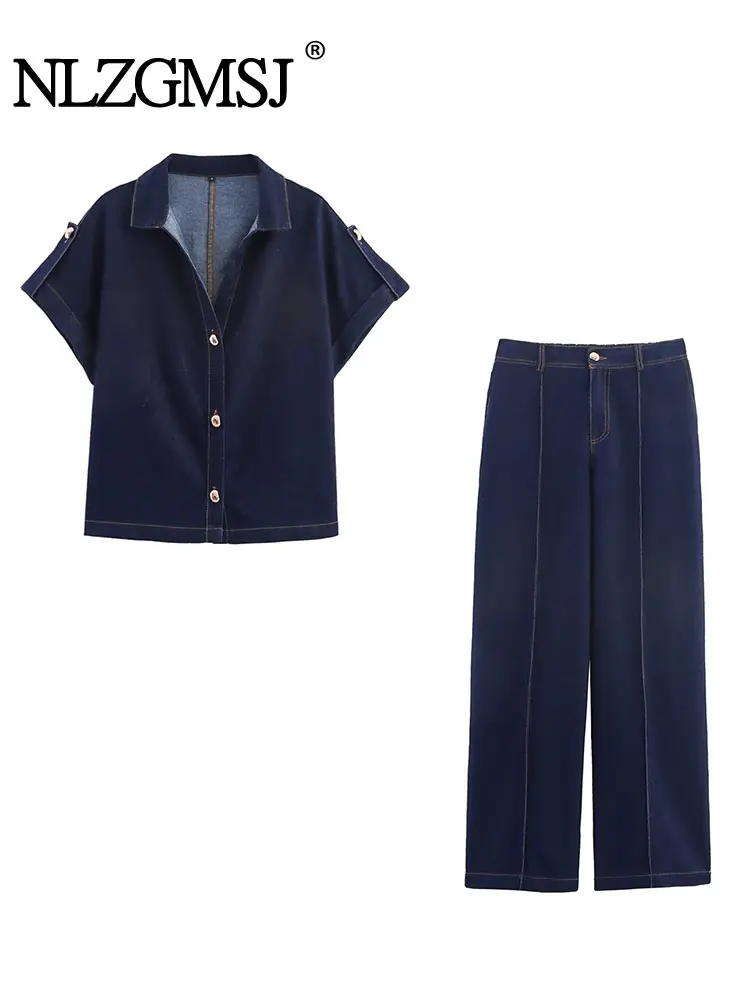 

NLZGMSJ винтажный однотонный шикарный женский костюм с v-образным вырезом, джинсовая однобортная рубашка, прямые свободные брюки, новые модные осенние комплекты