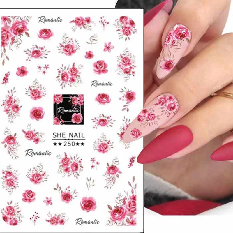 3D Nail Art Decals Summer Roses Lavender Daisy Petals Flowers Leaves Nail Stickers Manicure Decoration For Nail Tips Beauty