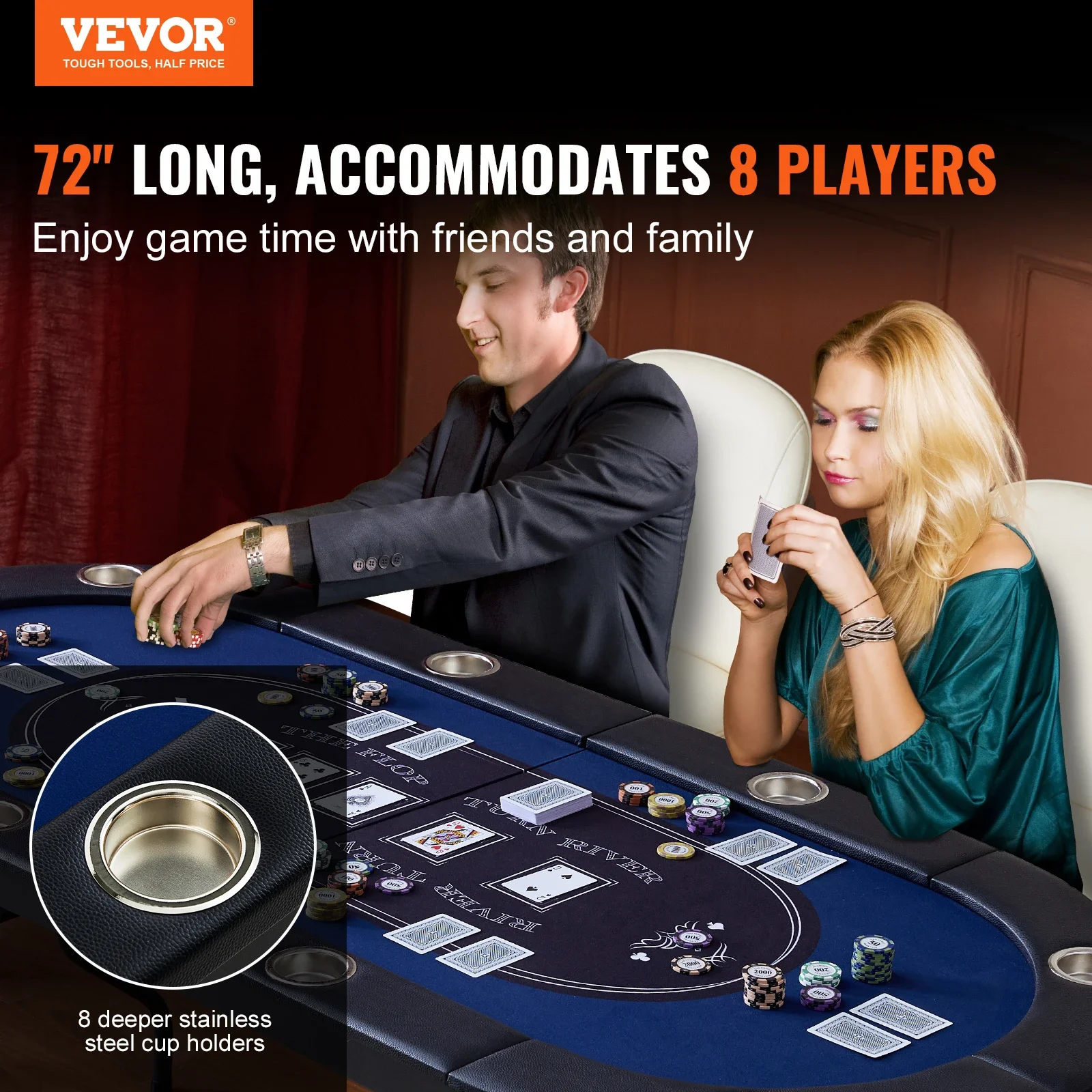 VEVOR 8 Player Foldable Poker Table Blackjack Texas Holdem with Padded Rails and Stainless Steel Cup Holders Blue for Party Game