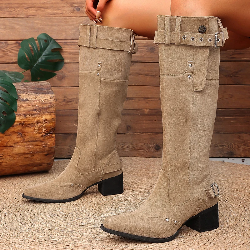 khaki-faux-suede-knee-high-long-boots-women-2026-autumn-pointed-toe-buckle-strap-western-boots-woman-black-heel-cowboy-botas