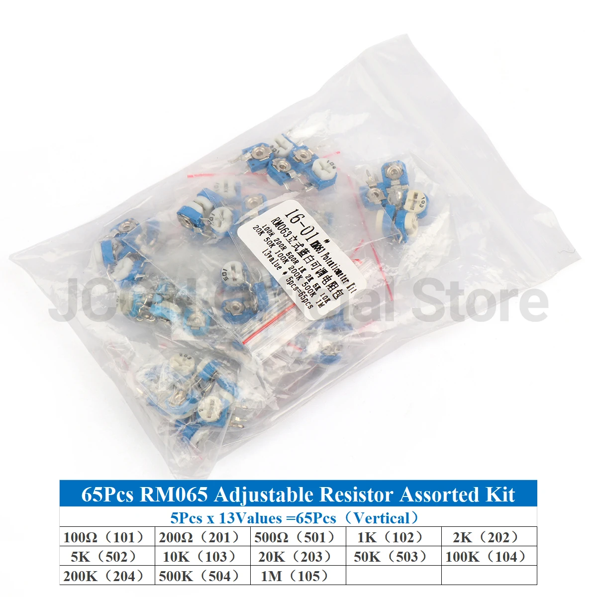 RM063 Vertical Trimpot Resistor Kit 65Pcs 13 Values 100Ω-1MΩ Adjustable for Circuit Board Repair