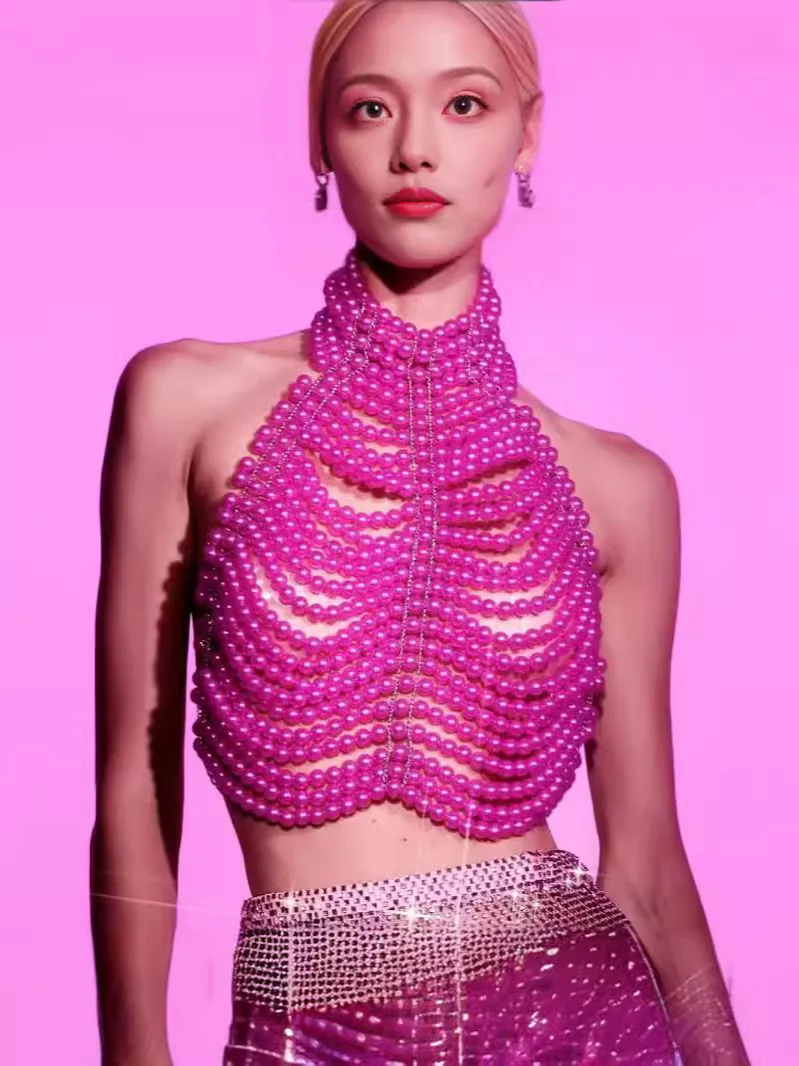 Laura Kors 2025 mujeres verano Sexy Halter tejido a mano ahueca hacia fuera Tops rosas diseñador hecho a mano celebridad fiesta Club traje