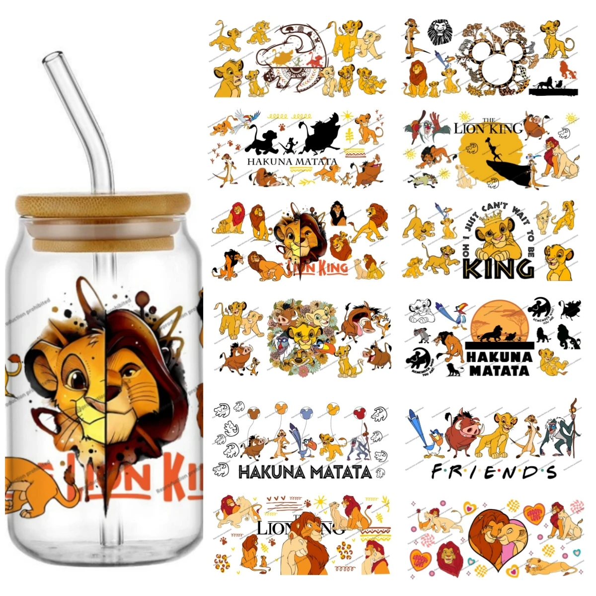 

Miniso The Lion King Simba pattern For Libbey 16oz Can Glass 3D Waterproof UV DTF Coffee Can Wrap Libbey Glass Wrap