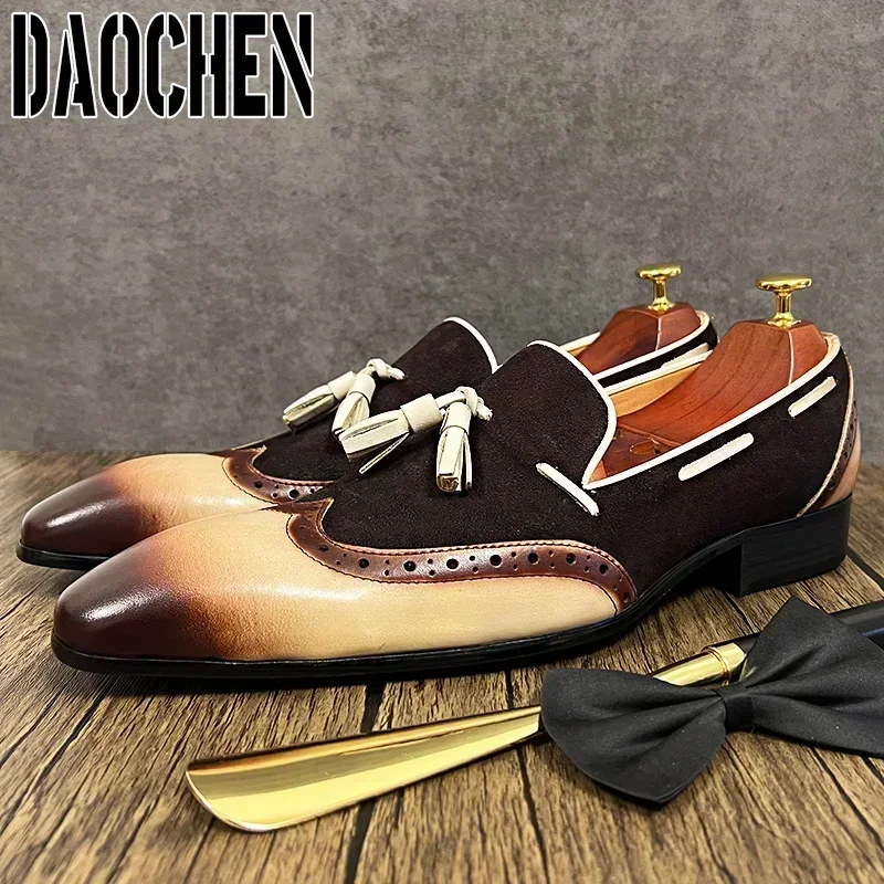 Mocassins italiens en daim à bout d'aile pour hommes, chaussures en cuir, noir, marron, document mixte, robe décontractée, mariage, bureau