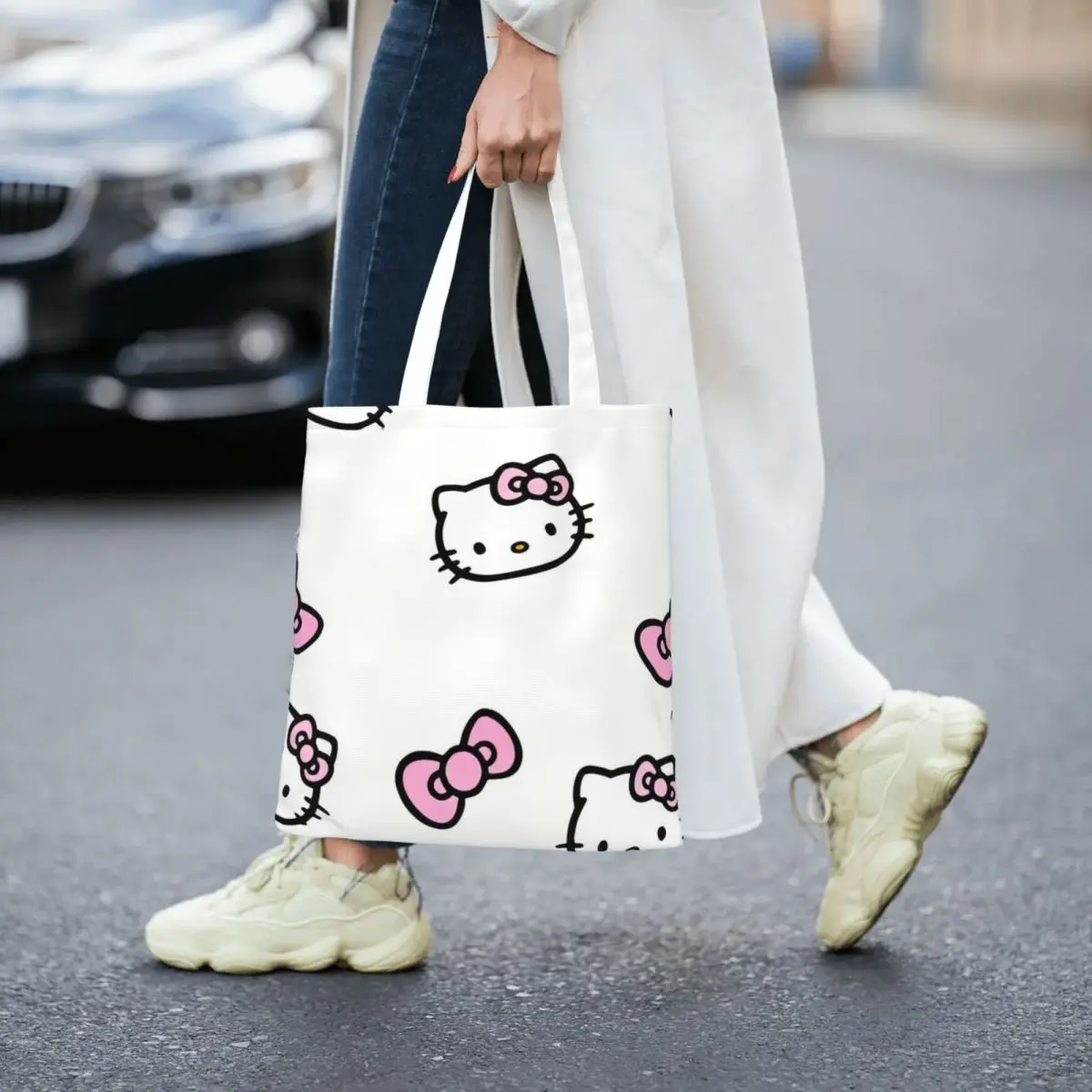 Sanrio Hello Kitty Pattern Canvas Tote Bag Aesthetic Unique Design Grocery Bag for Unisex