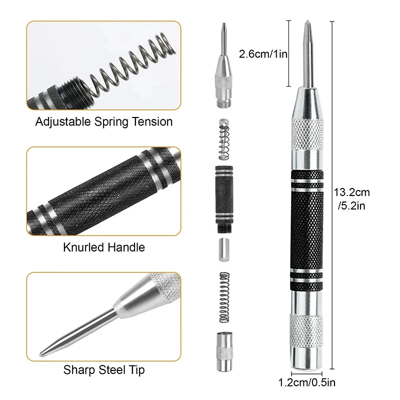 Automatic Centre Punch Universal Woodworking Metal Drill Spring Loaded Auto Center Puncher Hole Marker for Metal Wood Glass