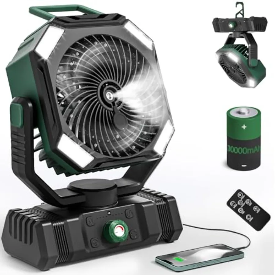

Camping Fan Rechargeable - 30000mAh Battery Powered Misting Fan for Outdoor Beach Tent - Portable Battery Operated Tent Air Con