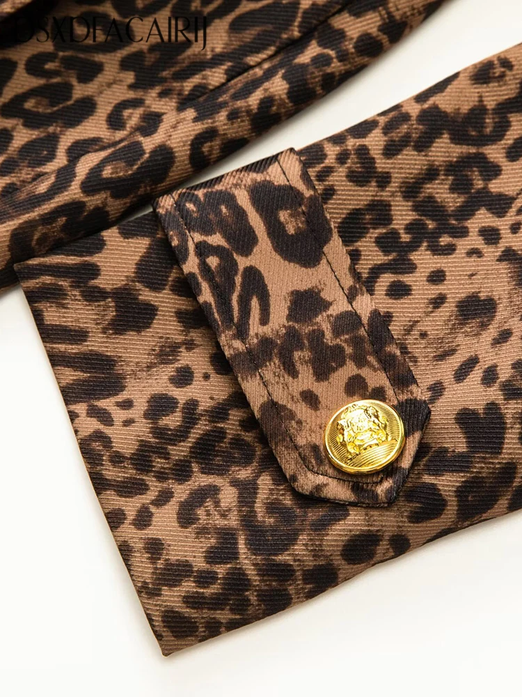 DSXDFACAIRIJ معطف واق من المطر مزدوج الصدر بطبعة الفهد للنساء مع ياقة بحار وأكمام طويلة ورباط ملابس خارجية للخريف